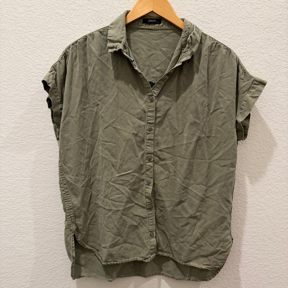 Quince Vintage Wash Tencel Camp Shirt Olive Green Short Sleeve Button Down S